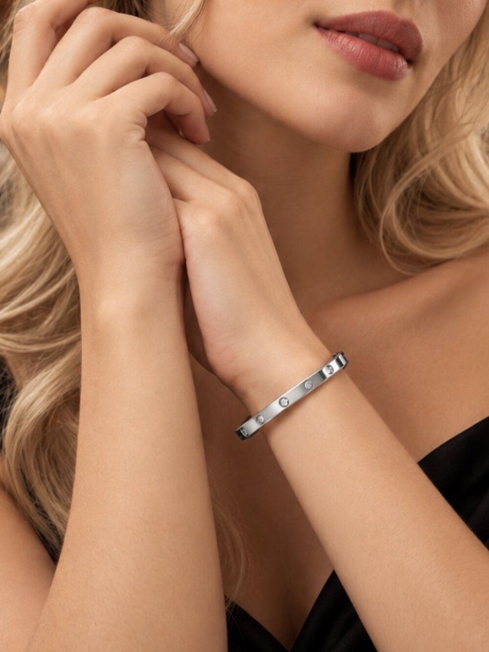 Silver Crystal Bangle Bracelet Stainless Steel Minimalist Rhinestone Cuff